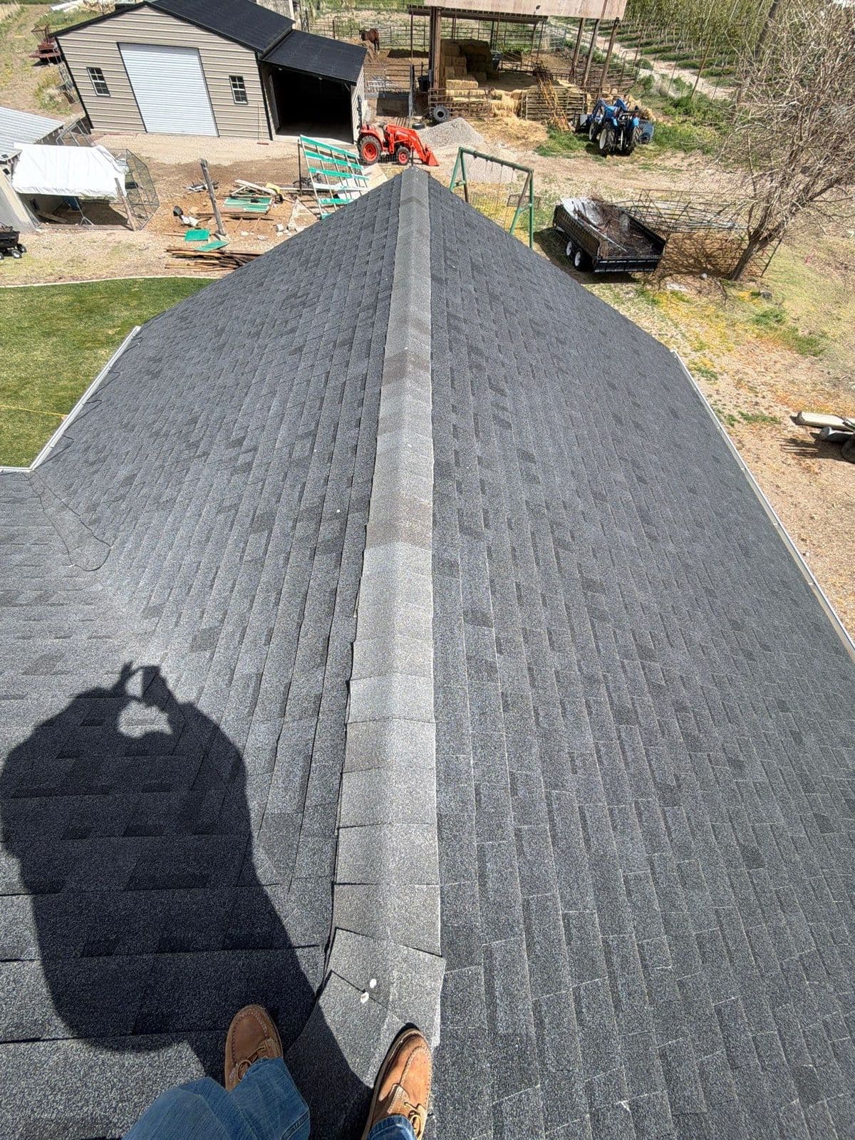 Looking down the ridge of the old grey roof
