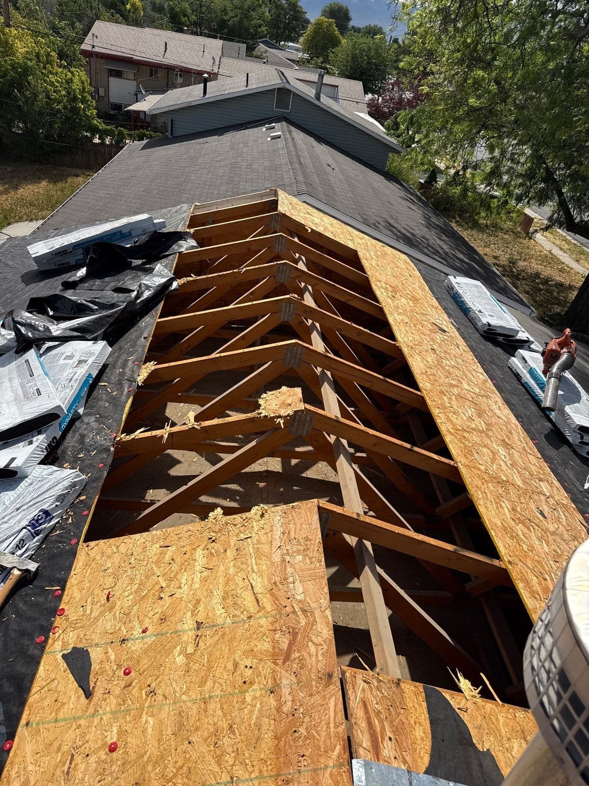Exposed rafters with new decking going on