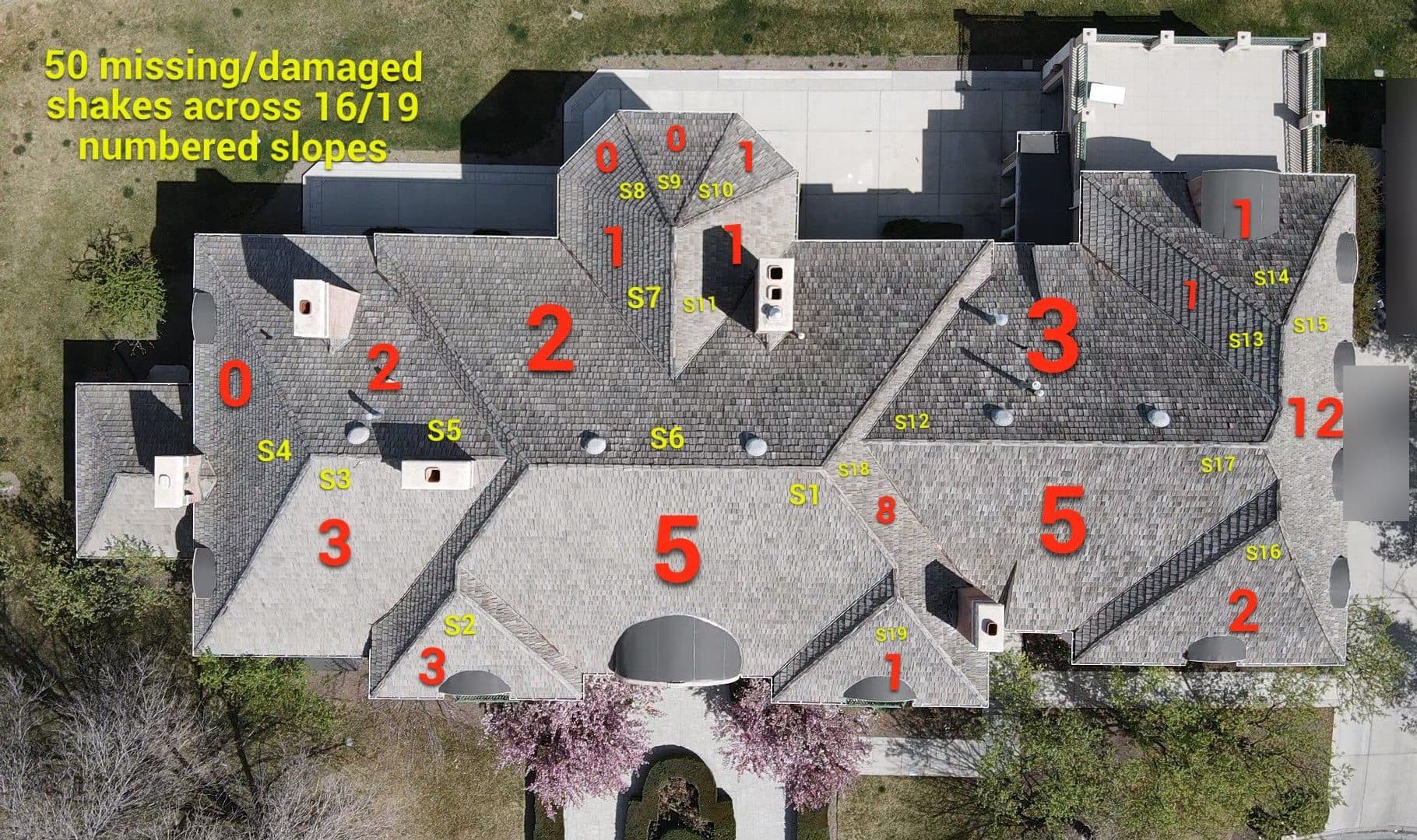 Top-down drone map of the roof with 19 slopes labeled S1 to S19 and a count of damaged shakes on each